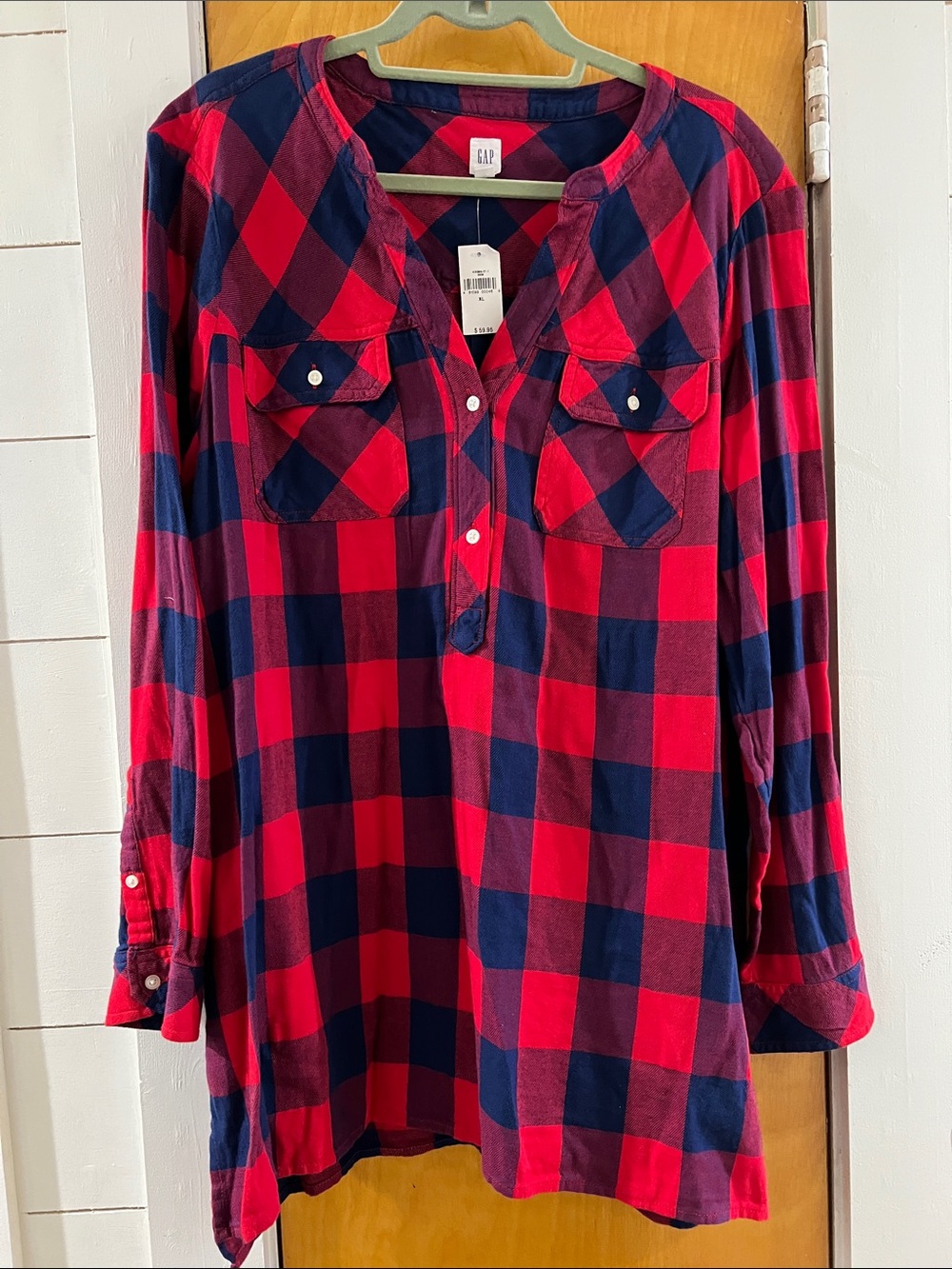 GAP Red and Navy Buffalo Plaid Henley Tunic